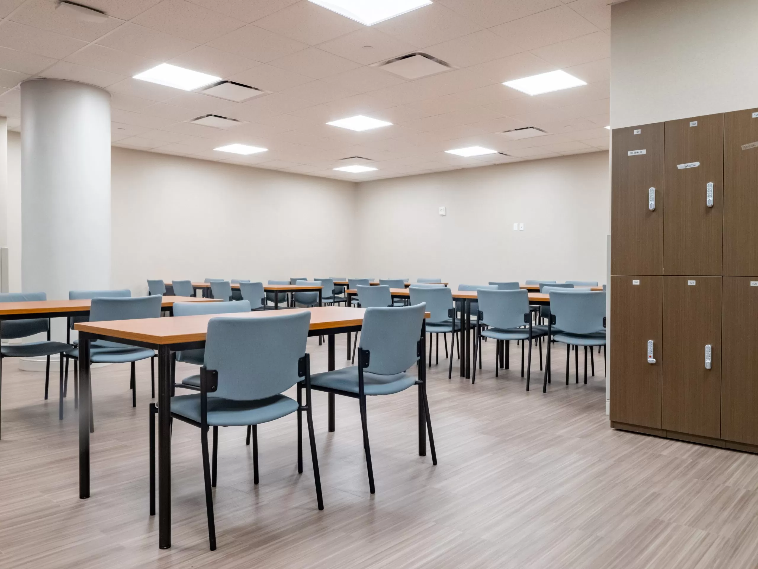 Empty classroom with lockers.