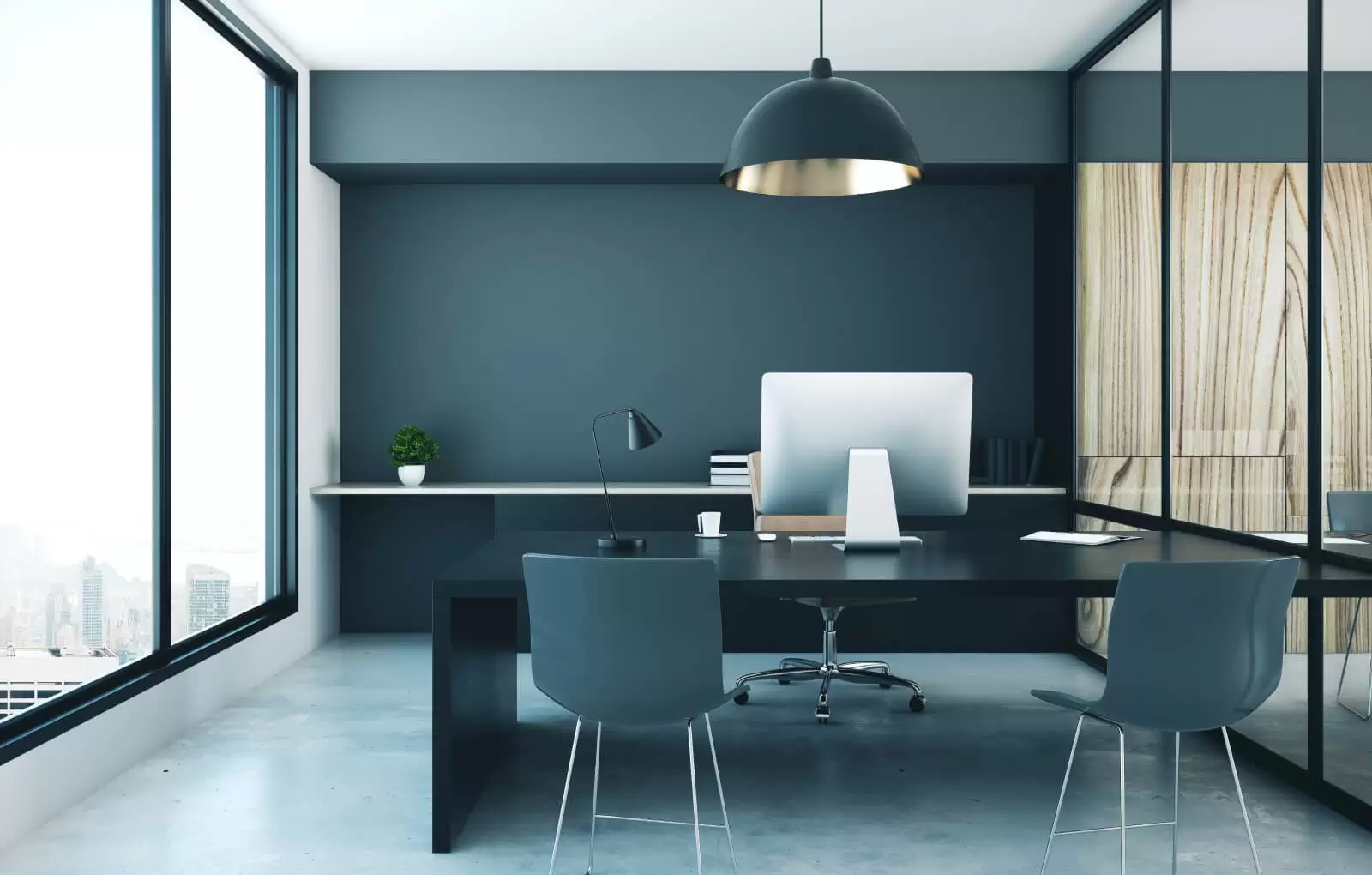 Modern minimalist office workspace.
