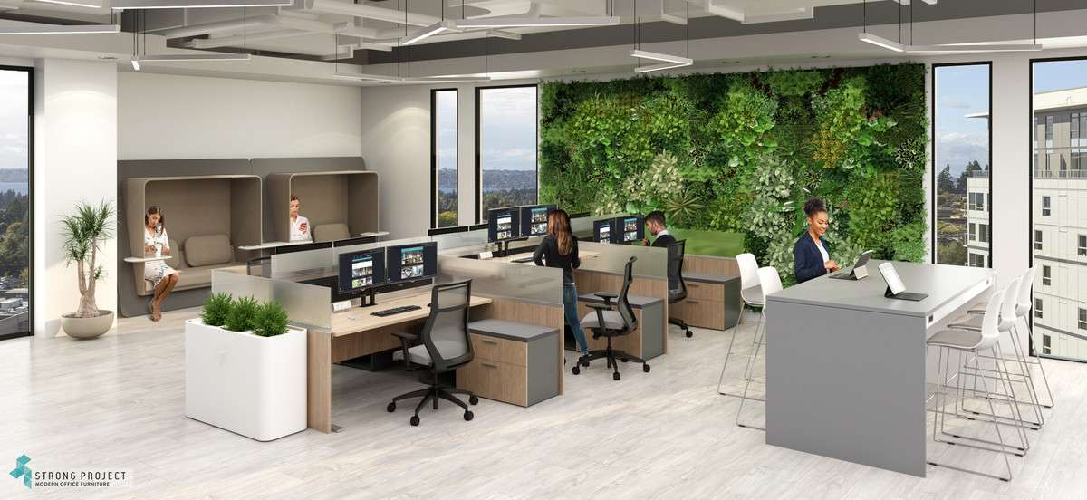 Modern office workspace with plants.