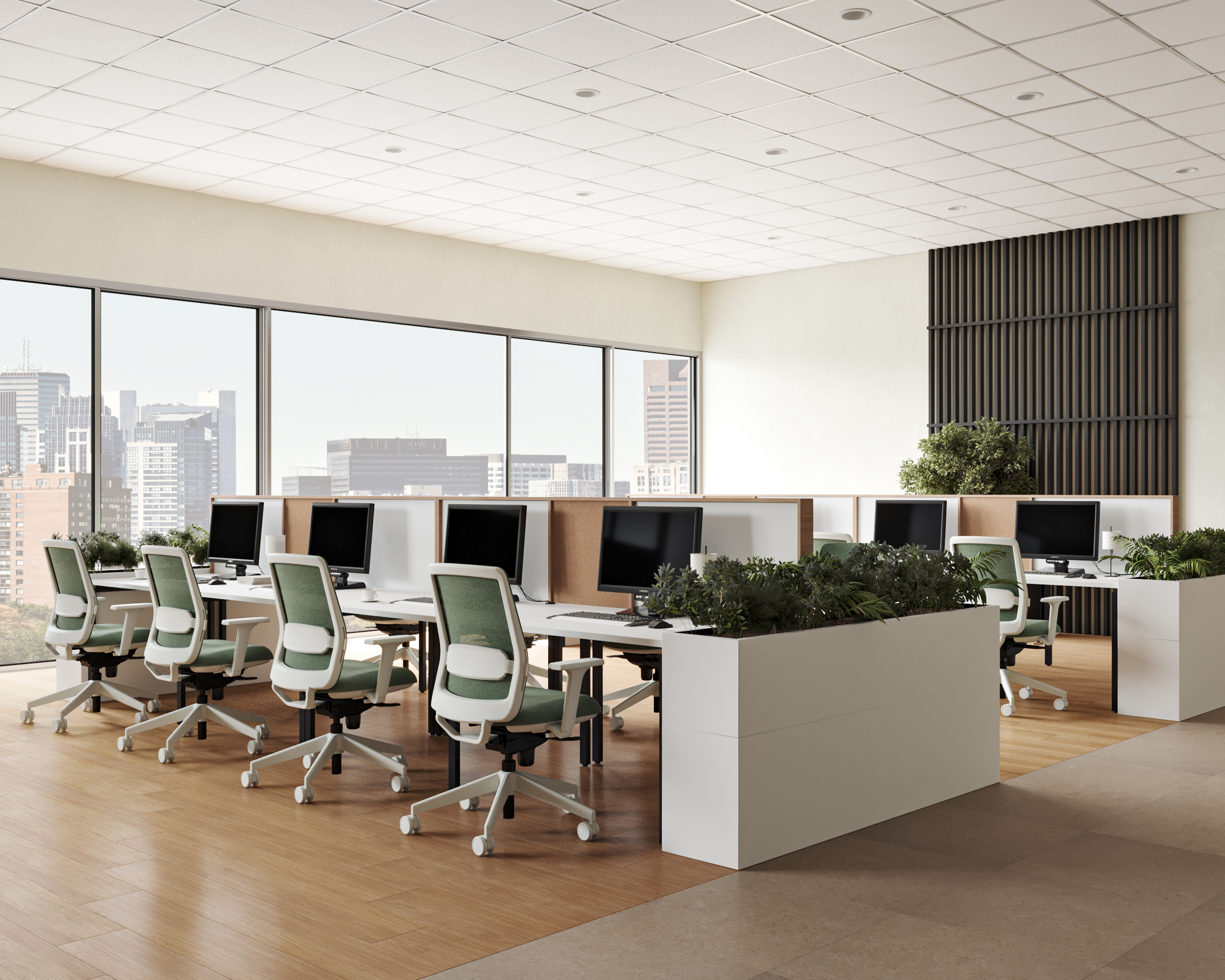 Modern office, city view, plants.