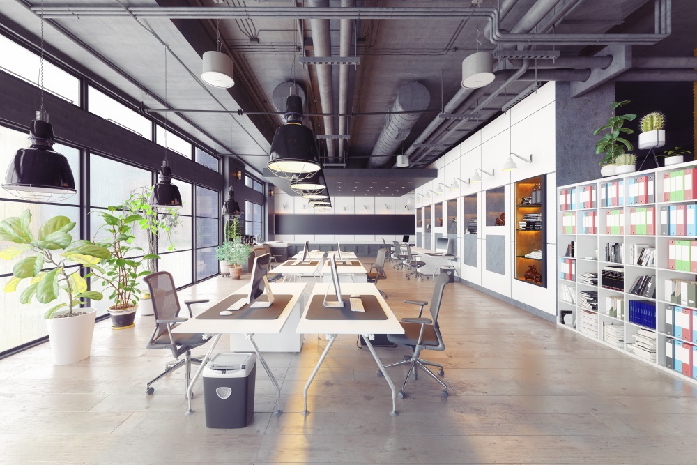 Modern industrial open-plan office.
